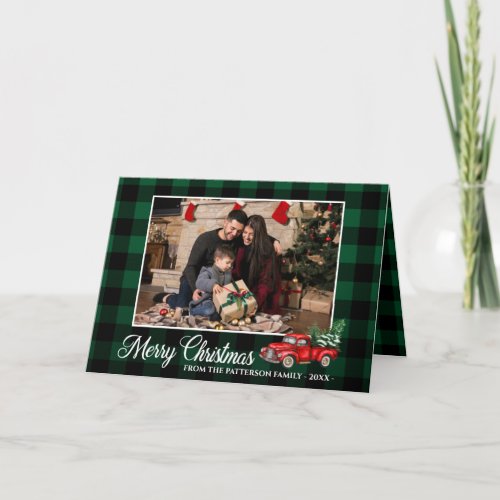 Calligraphy Script Photo Green Plaid Red Truck Holiday Card
