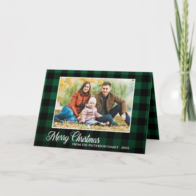 Calligraphy Script Photo Green Plaid Tartan Folded Holiday Card (Front)