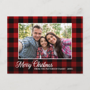 Calligraphy Script Photo Red Plaid Christmas Postcard