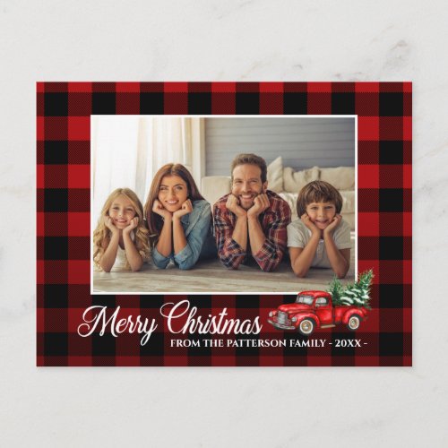Calligraphy Script Photo Red Plaid Red Truck Postcard