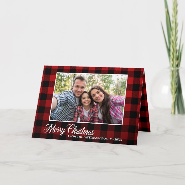Calligraphy Script Photo Red Plaid Tartan Folded Holiday Card (Front)