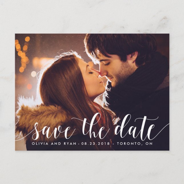 Calligraphy Script | Photo Save the Date Postcard (Front)