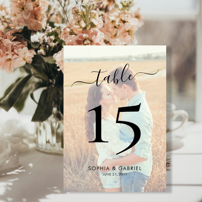 Calligraphy Script Photo Wedding Double Sided Table Number (Creator Uploaded)