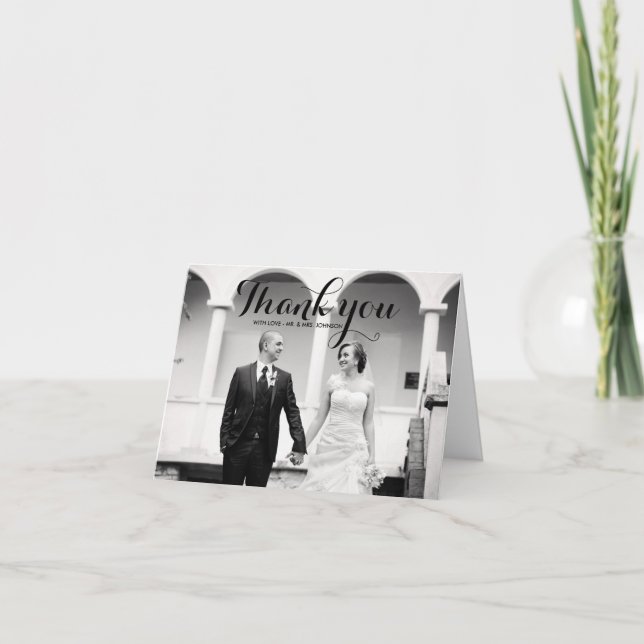 Calligraphy Script Photo Wedding Thank You Card (Front)