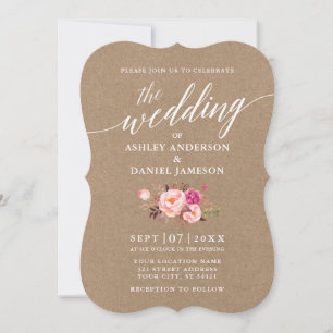 Calligraphy Script Pink Floral Wedding Kraft Invitation