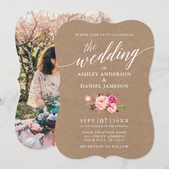 Calligraphy Script Pink Floral Wedding Kraft Photo Invitation (Front/Back)