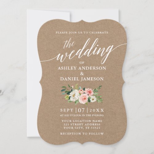 Calligraphy Script Pink White Floral Wedding Kraft Invitation