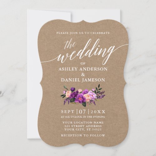 Calligraphy Script Purple Floral Wedding Kraft Invitation