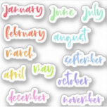 Calligraphy Script Rainbow Months of the Year Sticker<br><div class="desc">Kiss cut monthly stickers with the name of the months in a charming calligraphy script in all the colors of the rainbow. Months of the year stickers for scrapbooking or bullet journaling. Bullet journal month stickers in a calligraphy script.</div>