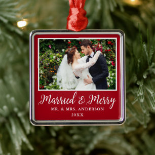 Calligraphy Script Red Married and Merry Metal Ornament