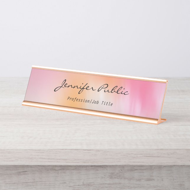 Calligraphy Script Rose Gold Modern Abstract Art Desk Name Plate (Front)