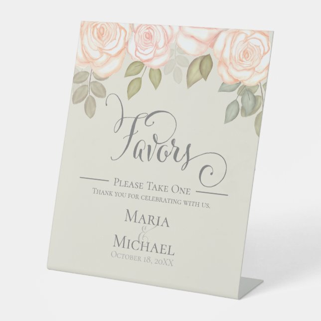 Calligraphy Script Sage Green Blush Favors  Pedestal Sign (Front)