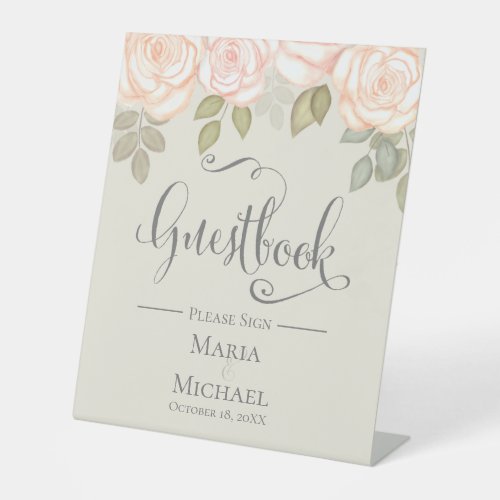 Calligraphy Script Sage Green Floral Guestbook Pedestal Sign