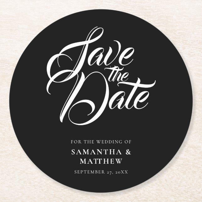 Calligraphy Script Save The Date Invitation Round Paper Coaster (Front)