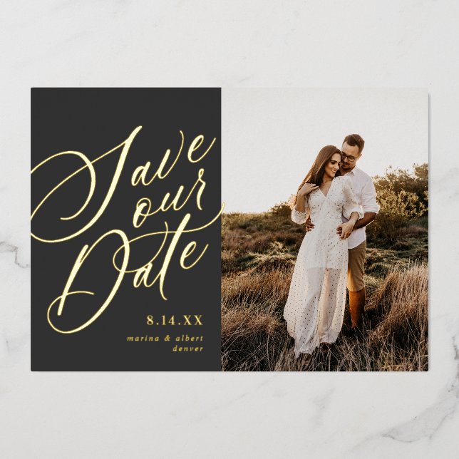 Calligraphy Script Save the Date Photo Gold Foil I Invitation (Front)