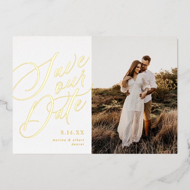 Calligraphy Script Save the Date Photo Gold Foil Invitation (Front)