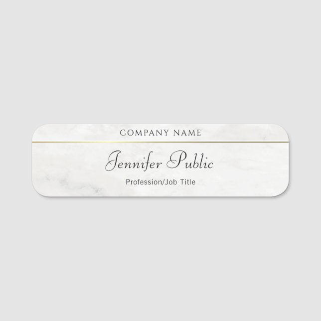 Calligraphy Script Template White Marble Gold Name Tag (Front)