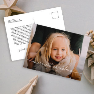 Calligraphy Script Three Photo Merry Christmas Holiday Postcard