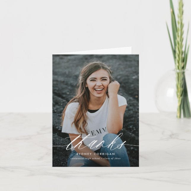 Calligraphy Script Two Photo Graduation Folded Thank You Card (Front)