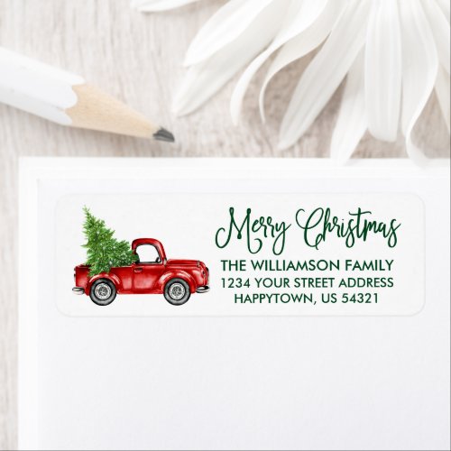 Calligraphy Script Vintage Truck Christmas Green Label