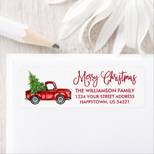 Calligraphy Script Vintage Truck Christmas Red Label