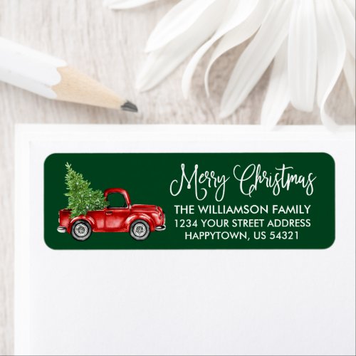 Calligraphy Script Vintage Truck Green Christmas Label