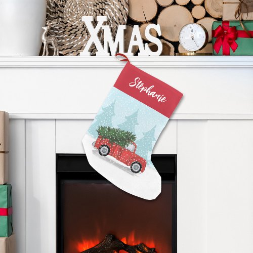 Calligraphy Script Watercolor Rustic Red Truck Small Christmas Stocking