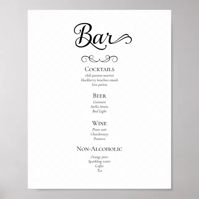Calligraphy Script Wedding Drinks Menu Sign | Zazzle