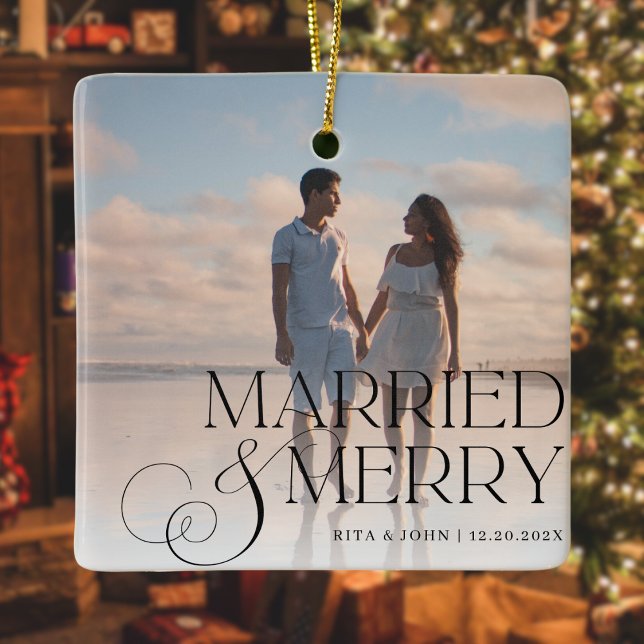 Calligraphy Script Wedding First Christmas Metal Ceramic Ornament (Creator Uploaded)