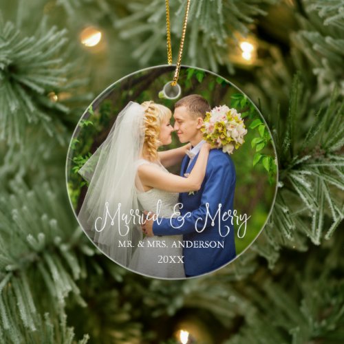 Calligraphy Script Wedding Photo Married and Merry Ceramic Ornament
