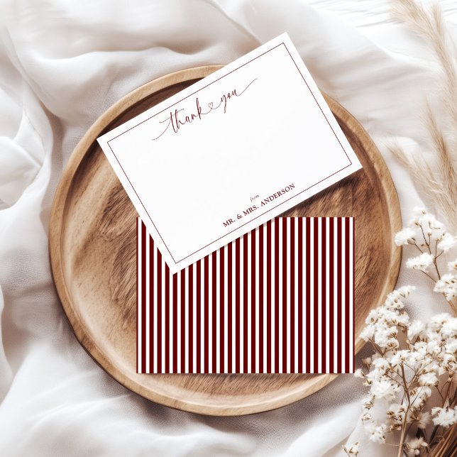 Calligraphy Script Wedding Thank You Maroon Stripe Note Card (Creator Uploaded)