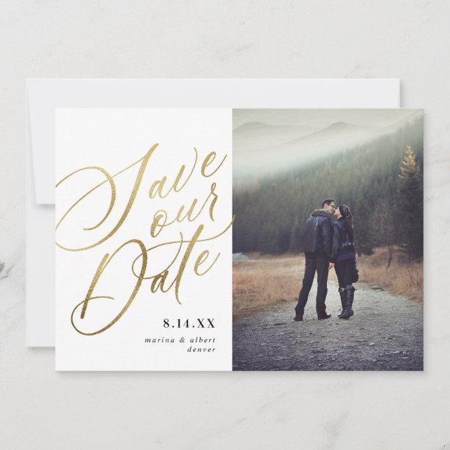 Calligraphy Script | White Gold | Photo Save The Date (Front)