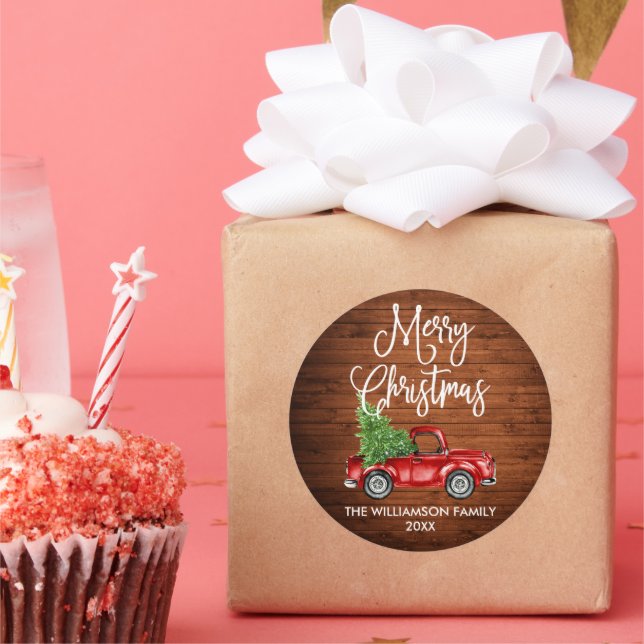 Calligraphy Script Wood Christmas Red Truck Classic Round Sticker (Party)