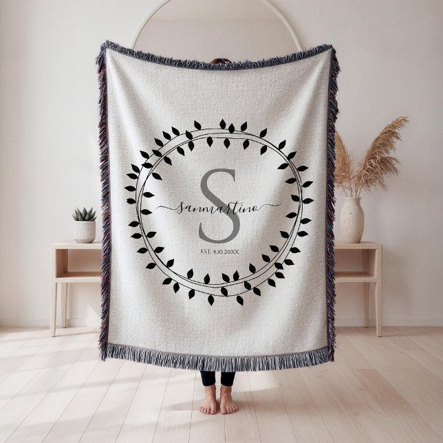 Calligraphy Script Wreath Monogram Woven Throw Blanket (Creator Uploaded)