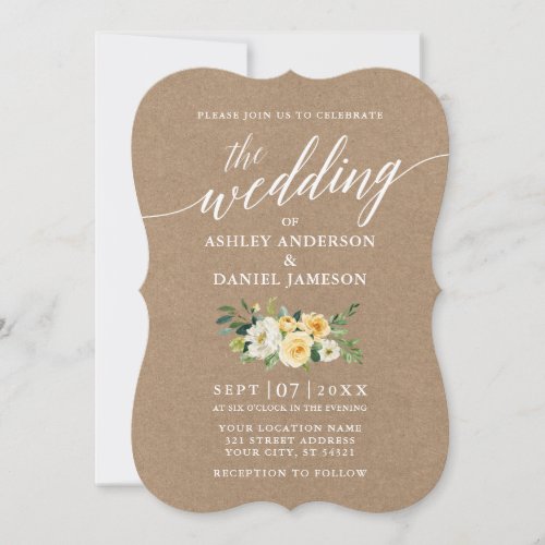 Calligraphy Script Yellow Floral Wedding Kraft Invitation