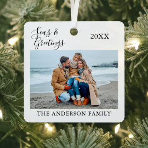 Calligraphy Seas and Greetings Photo Metal Ornament