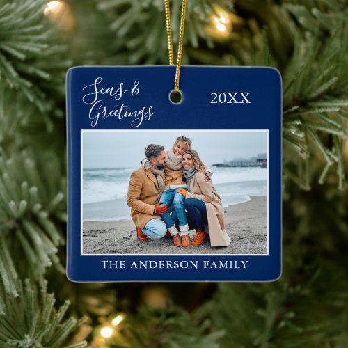 Calligraphy Seas and Greetings Photo Navy Blue Ceramic Ornament