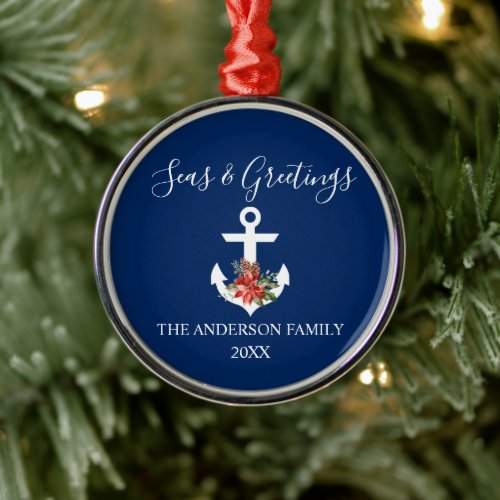 Calligraphy Seas and Greetings Poinsettia Anchor Metal Ornament