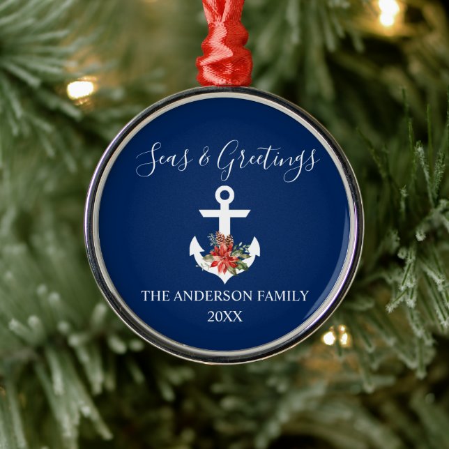 Calligraphy Seas and Greetings Poinsettia Anchor Metal Ornament (Tree)