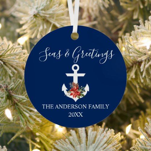 Calligraphy Seas and Greetings Poinsettia Anchor Metal Ornament