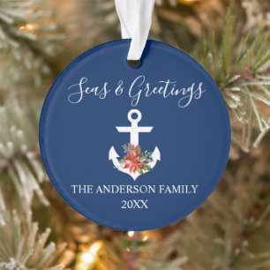 Calligraphy Seas and Greetings Poinsettia Anchor Ornament
