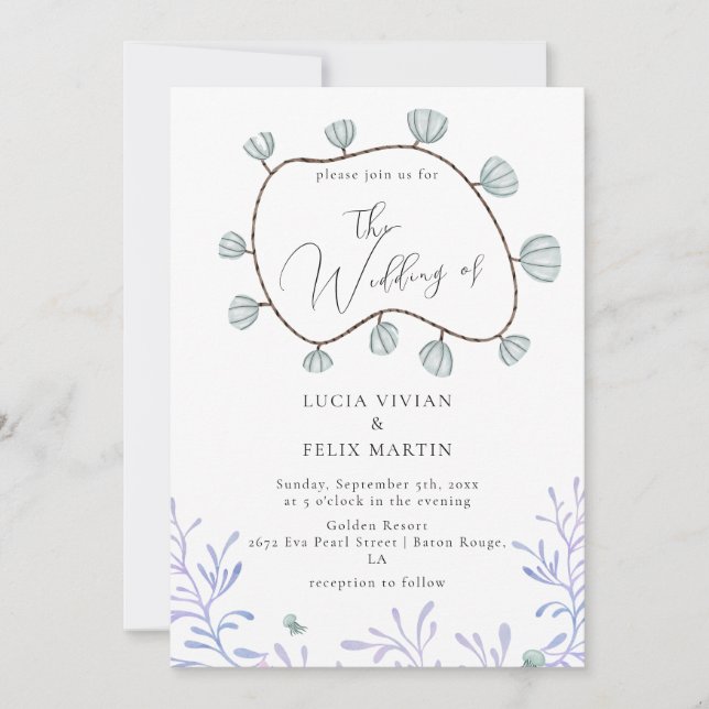Calligraphy Seashell & Seaweed Beach Wedding Invitation (Front)