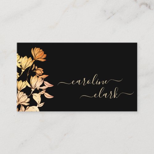 Calligraphy Signature Elegant Floral Black Orange Business Card