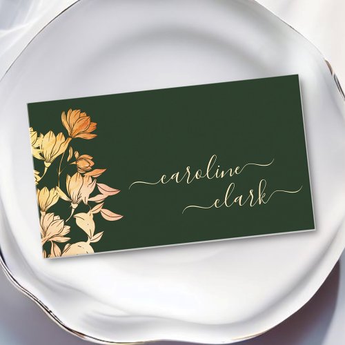 Calligraphy Signature Elegant Floral Olive Green Business Card