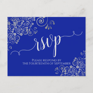 Calligraphy Silver Frills Royal Blue Wedding RSVP Postcard