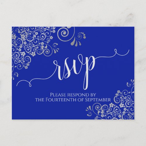 Calligraphy Silver Frills Royal Blue Wedding RSVP Postcard