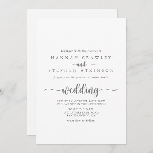 Calligraphy Silver Front  Back Wedding  Invitation