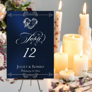 Calligraphy & Silver Heart - Blue Table Number