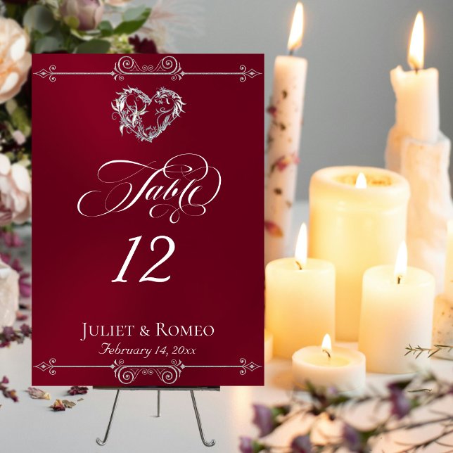 Calligraphy & Silver Heart - Burgundy Table Number (Creator Uploaded)