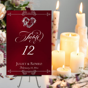 Calligraphy & Silver Heart - Burgundy Table Number